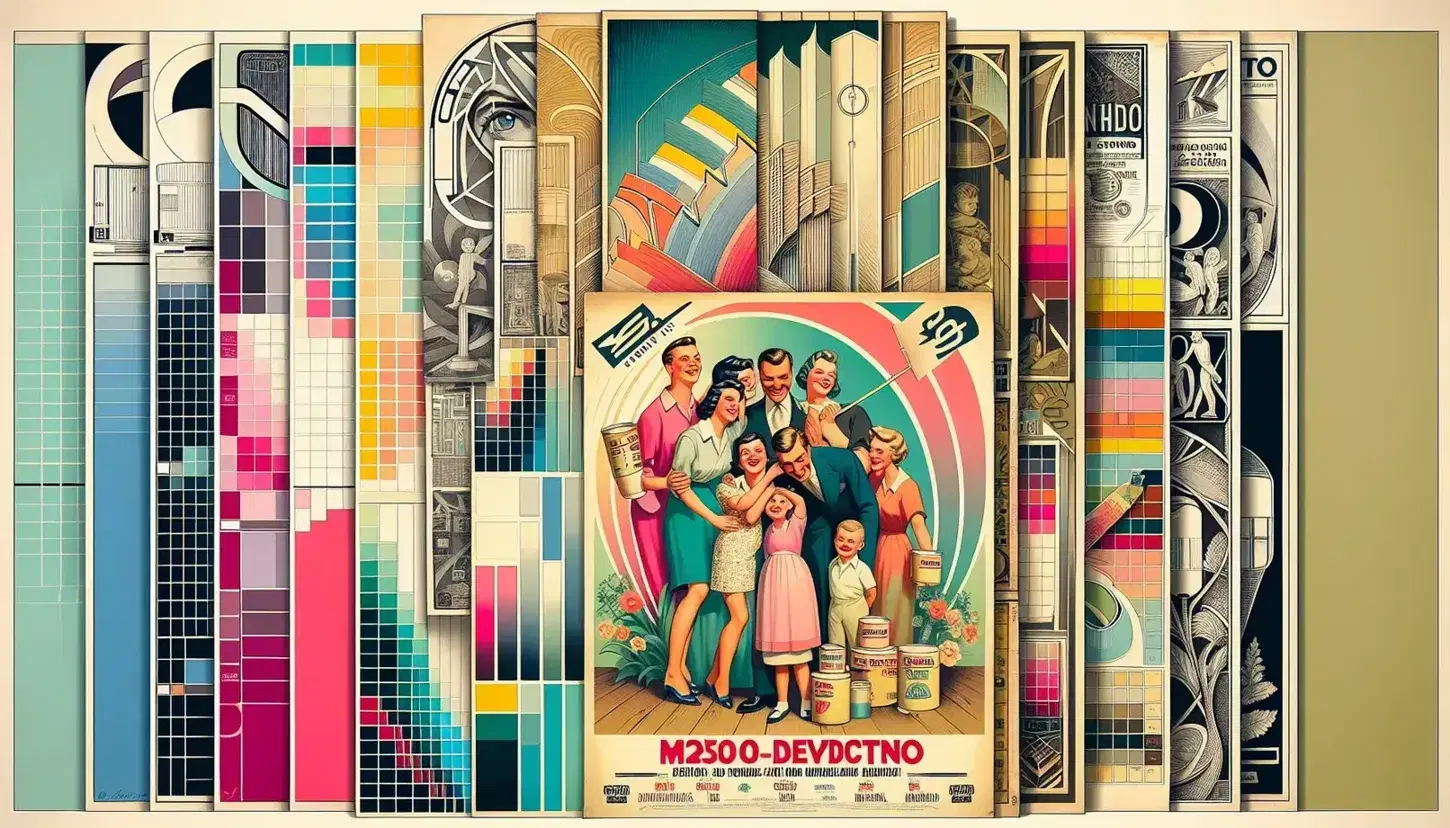 Colección de carteles publicitarios vintage mostrando evolución del diseño gráfico con estilos de los años 1950, Art Deco y principios del siglo XX.