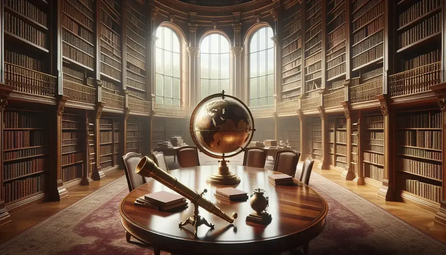 Peaceful library with semicircular shelves full of books, round table with brass globe and telescope, large window with blue sky view.