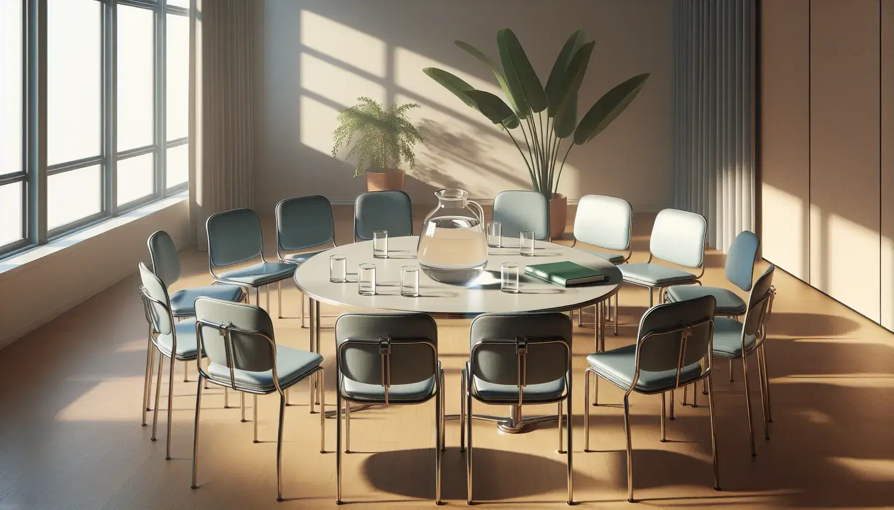 Círculo de sillas con asientos azules y mesa redonda con jarra de agua y vasos en sala iluminada naturalmente, sin personas.