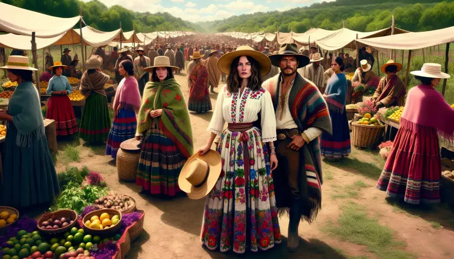 Grupo de personas en atuendos tradicionales coloridos en un mercado al aire libre, con una mujer de blusa blanca bordada y sombrero de paja y un hombre con poncho y gorro de lana.