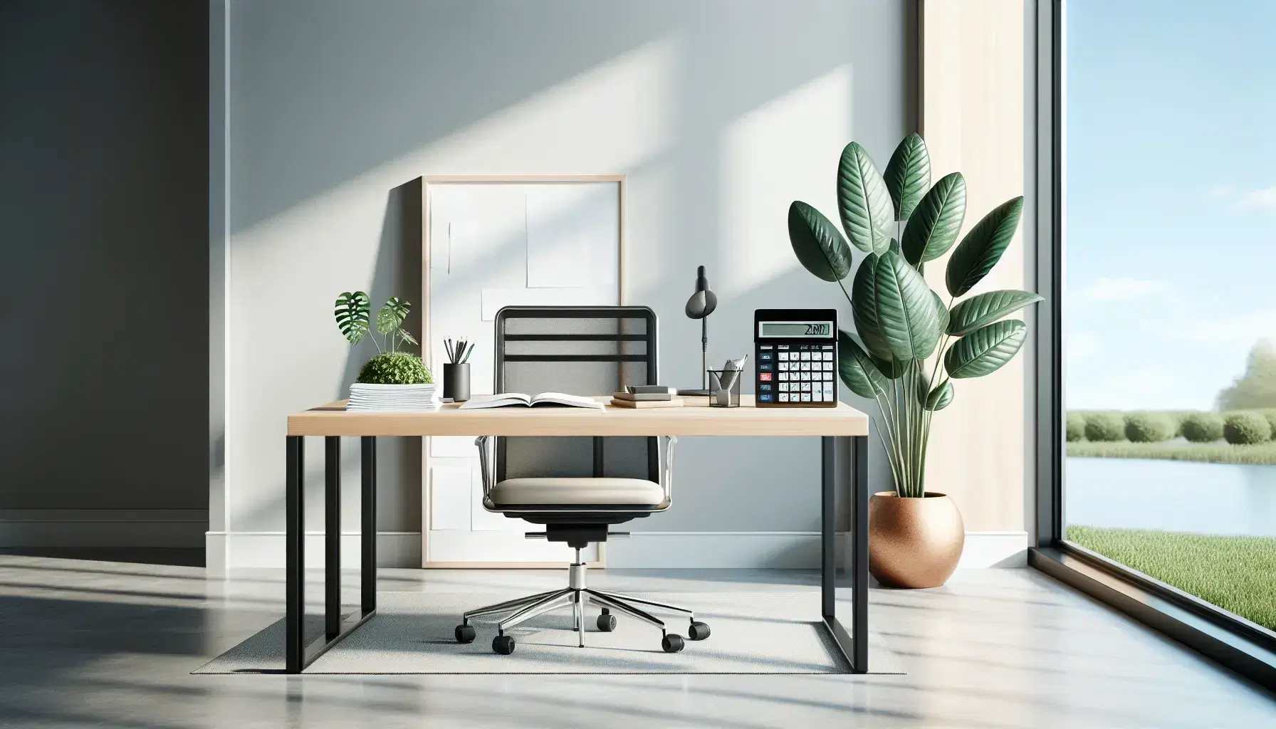 Oficina moderna y luminosa con escritorio de madera, calculadora grande, papeles alineados y planta verde en maceta de terracota, silla ergonómica y ventana con cielo azul.