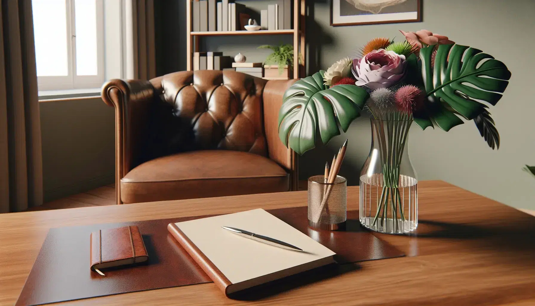 Psychologist office organized with wooden desk, flower vase, empty notebook, burgundy leather armchair, green plant and assorted bookcase.