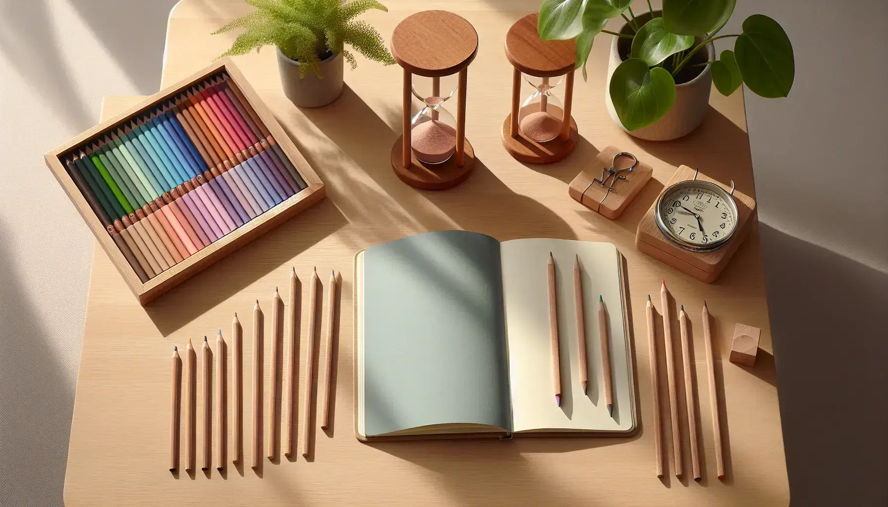 Mesa de madera clara con cuaderno abierto de tapa azul pastel, lápices de colores alineados cromáticamente y reloj de arena con arena clara, junto a planta verde.