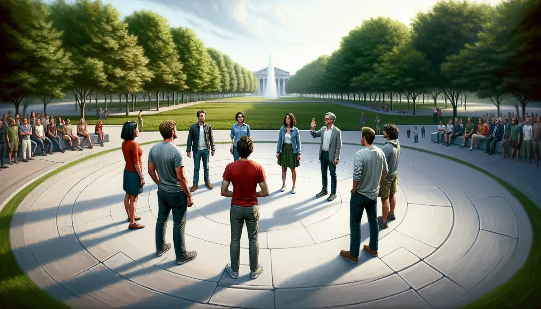Grupo diverso de cinco personas conversando en un parque, con árboles y bancos al fondo, en un día nublado.