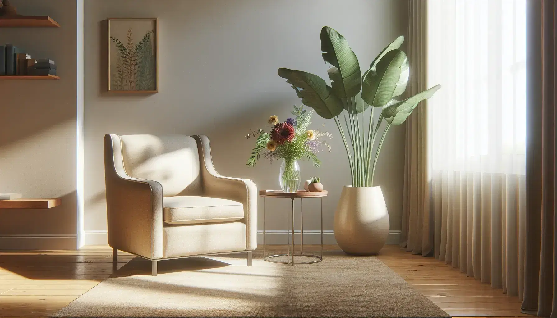 Serene therapeutic office with comfortable beige armchair, matching sofa, coffee table with colorful flowers and green plant in bright corner.