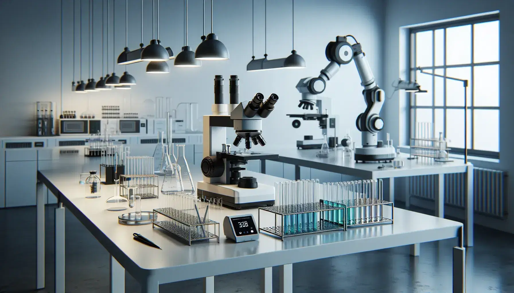 Laboratorio scientifico moderno con microscopi elettronici, provette colorate, bilancia analitica digitale e braccio robotico, illuminato da luce naturale.