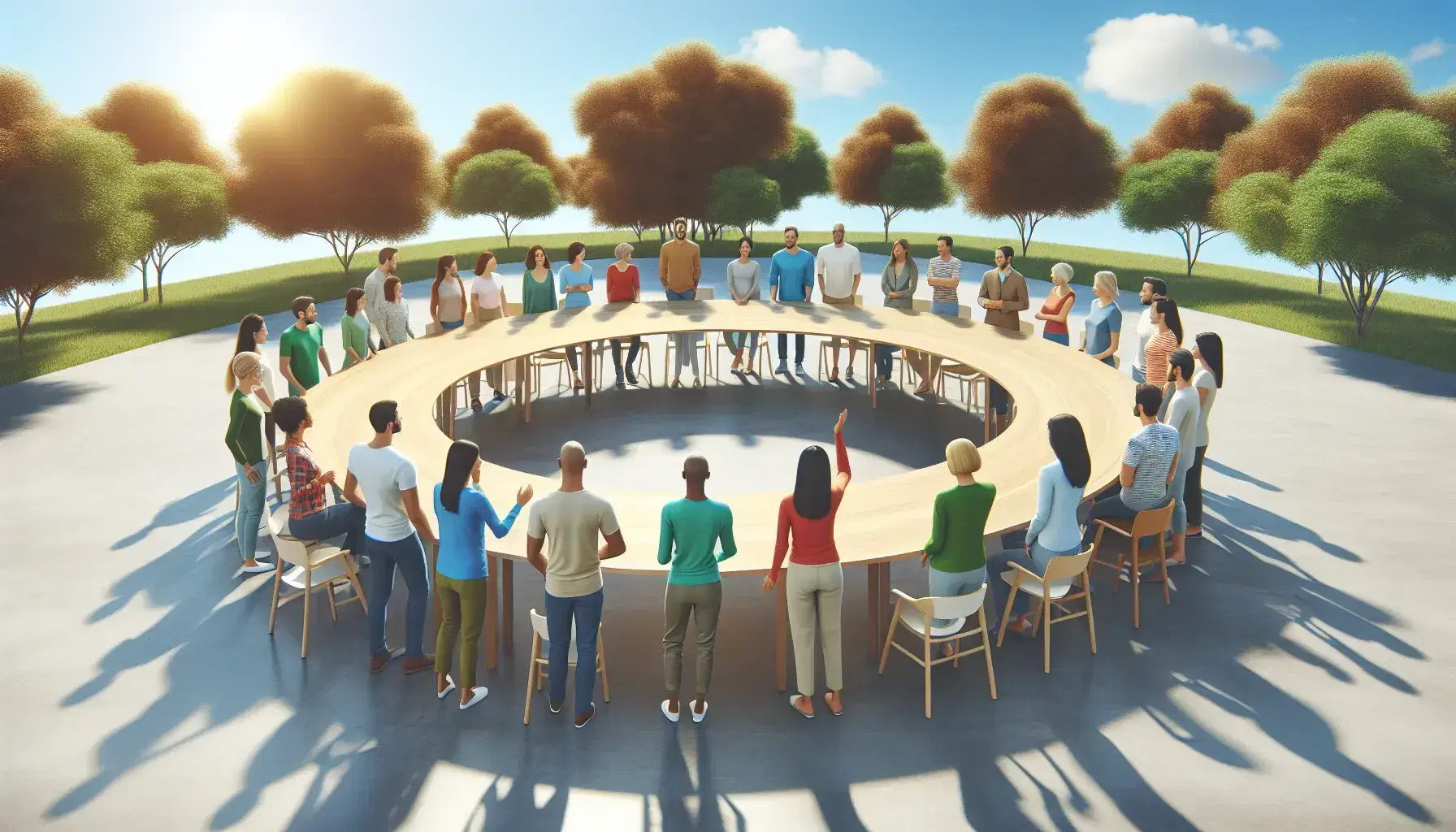 Grupo diverso de personas en diálogo al aire libre, sentados y de pie alrededor de una mesa redonda en un parque, bajo un cielo azul con árboles al fondo.