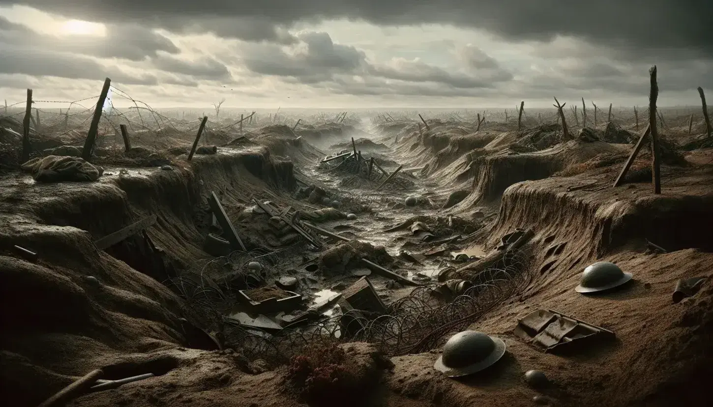 Paesaggio desolato di un campo di battaglia della Prima Guerra Mondiale con crateri, filo spinato arrugginito e resti militari.