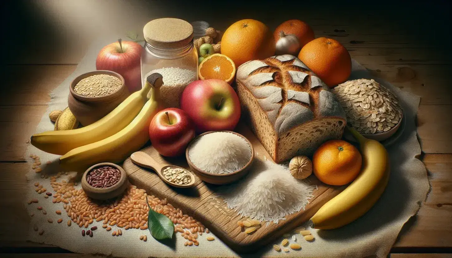 Variedad de alimentos saludables sobre superficie de madera con pan integral, arroz blanco, avena cruda, manzana roja, naranja, plátanos maduros y racimo de uvas verdes.