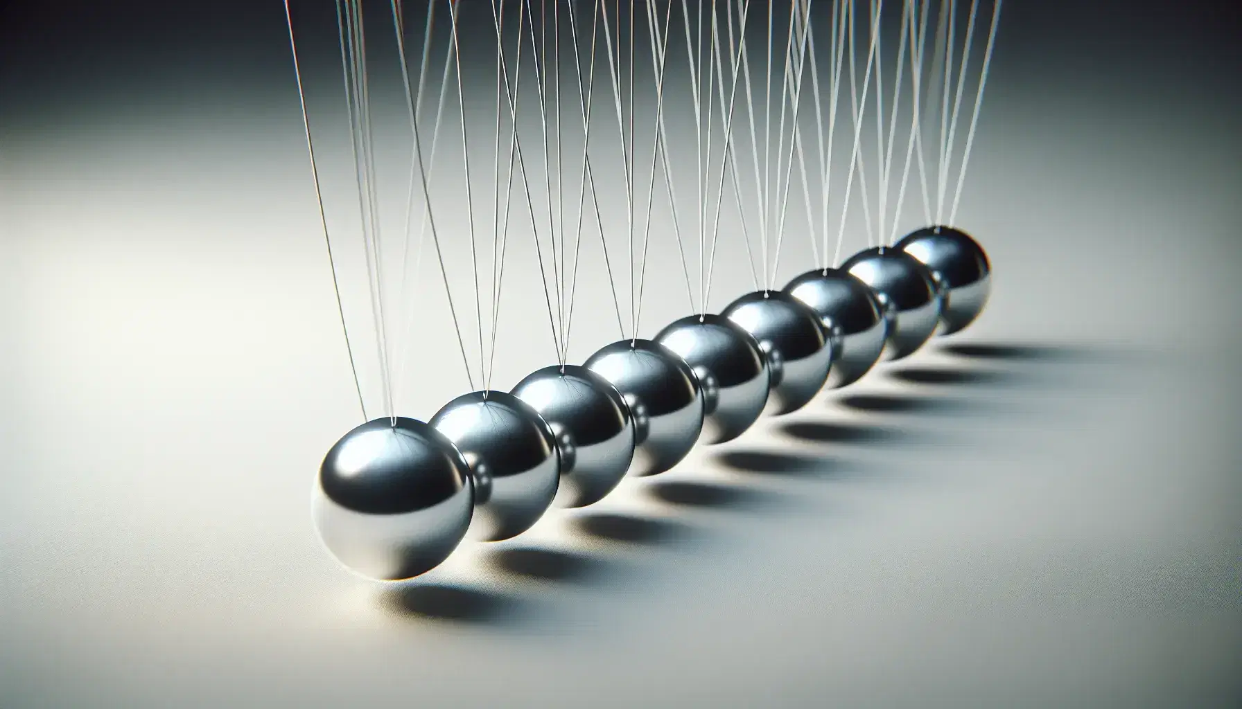 Cuna de Newton con esferas metálicas colgantes en línea, una elevada a punto de impactar, reflejando luz sobre fondo neutro.