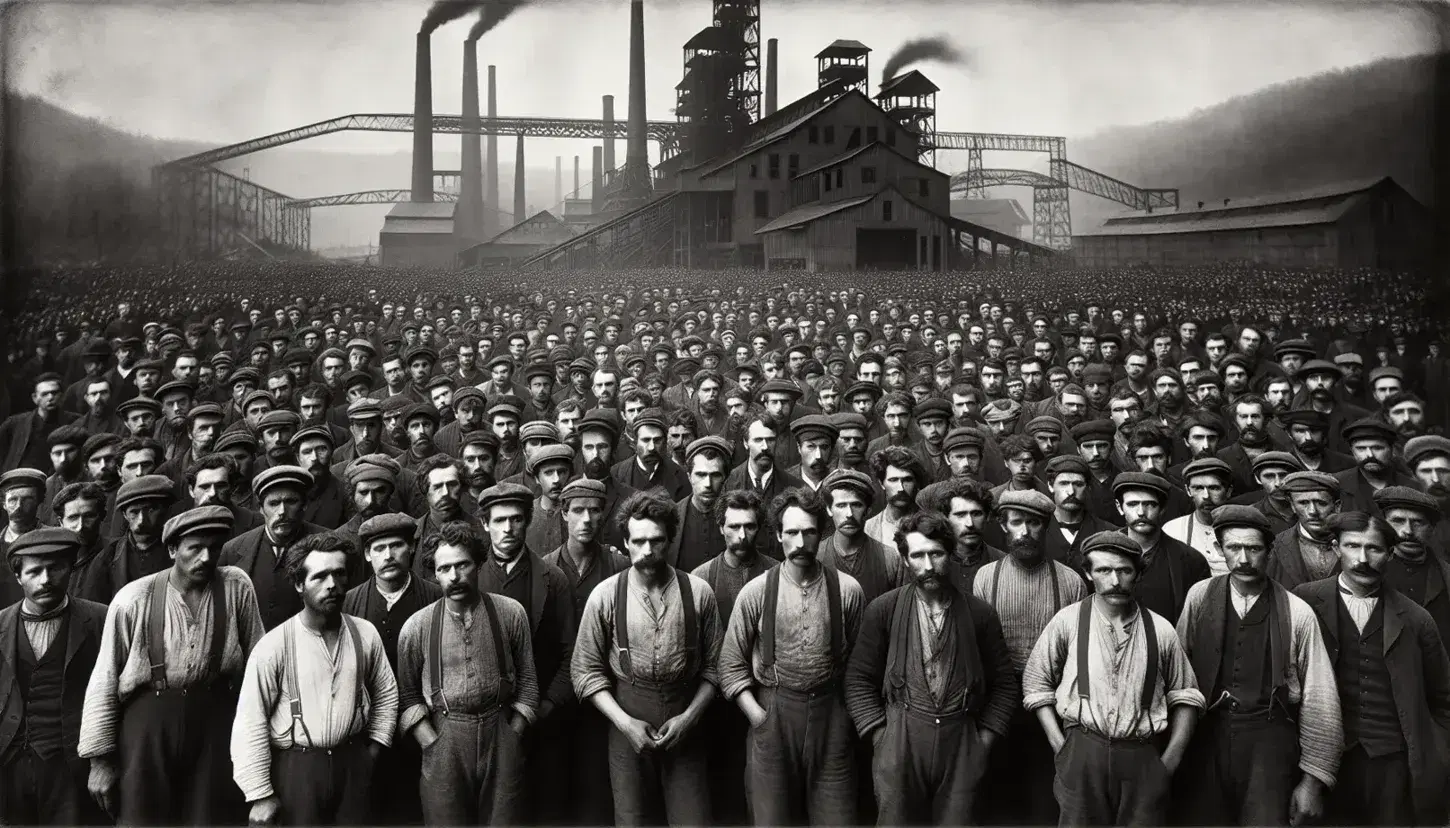 Group of determined workers from the 1892 Homestead Strike, clad in period workwear, with industrial mill structures and a bridge in the background.