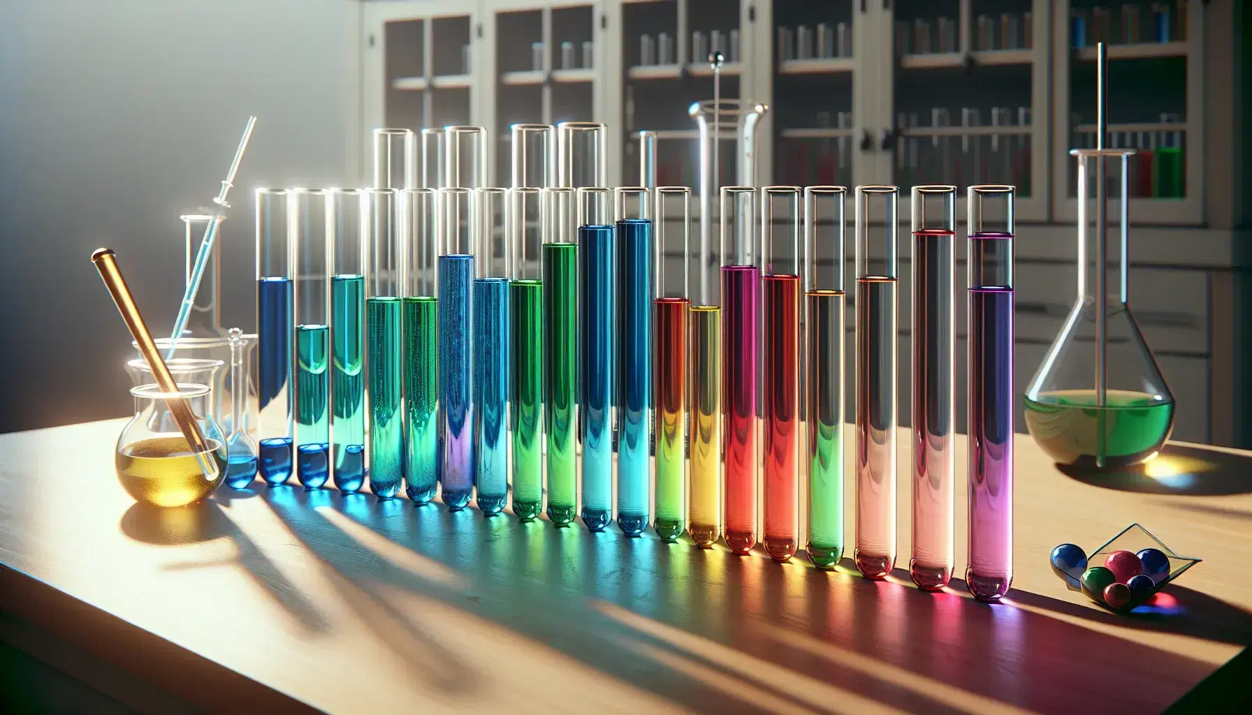 Serie di provette in vetro con liquidi colorati in ordine crescente su banco laboratorio, attrezzi scientifici sullo sfondo.