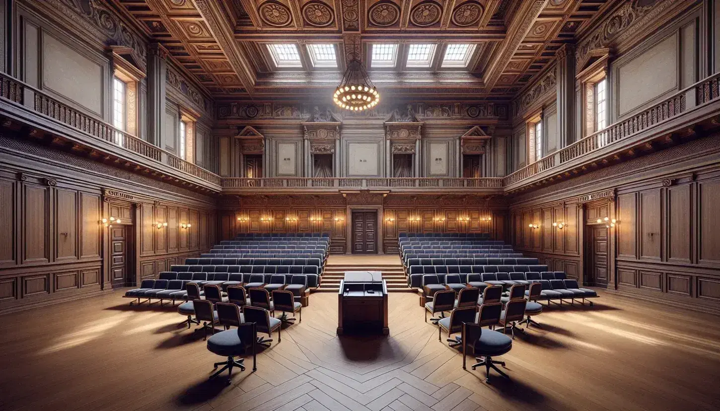 Aula magistrale dell'Università di Bari con sedie blu, leggio in legno e illuminazione soffusa, senza persone.