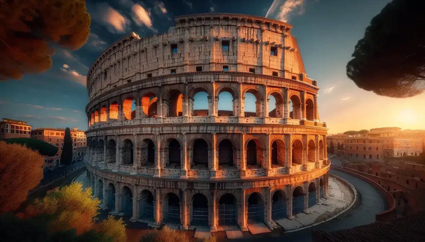 Colosseo di Roma al tramonto con cielo sfumato da blu a arancione, pareti in pietra illuminate e cime alberi in primo piano.