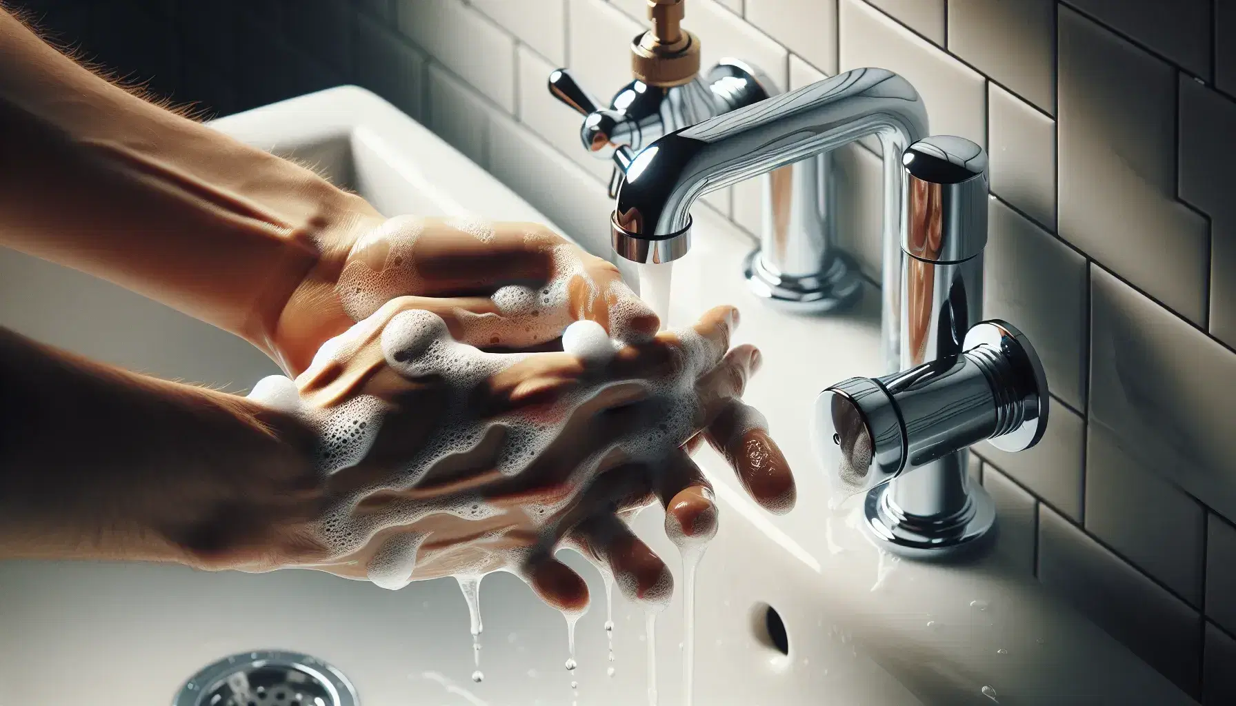 Manos frotándose con espuma de jabón bajo grifo abierto con dispensador de jabón y lavabo de porcelana en fondo desenfocado.