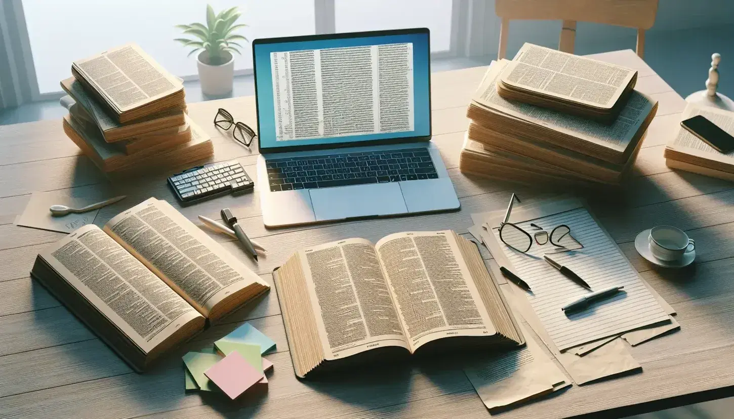 Mesa de madera clara con libros abiertos, diccionario usado, papel con bolígrafo, laptop y gafas junto a notas adhesivas, planta verde al fondo.