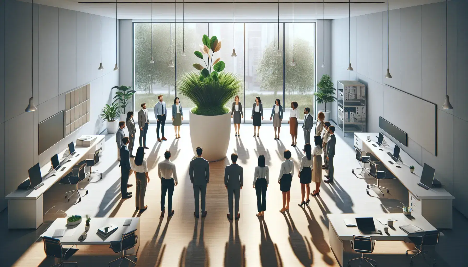 Grupo diverso de profesionales en círculo alrededor de una planta en oficina moderna con ventanas grandes y mobiliario ergonómico.