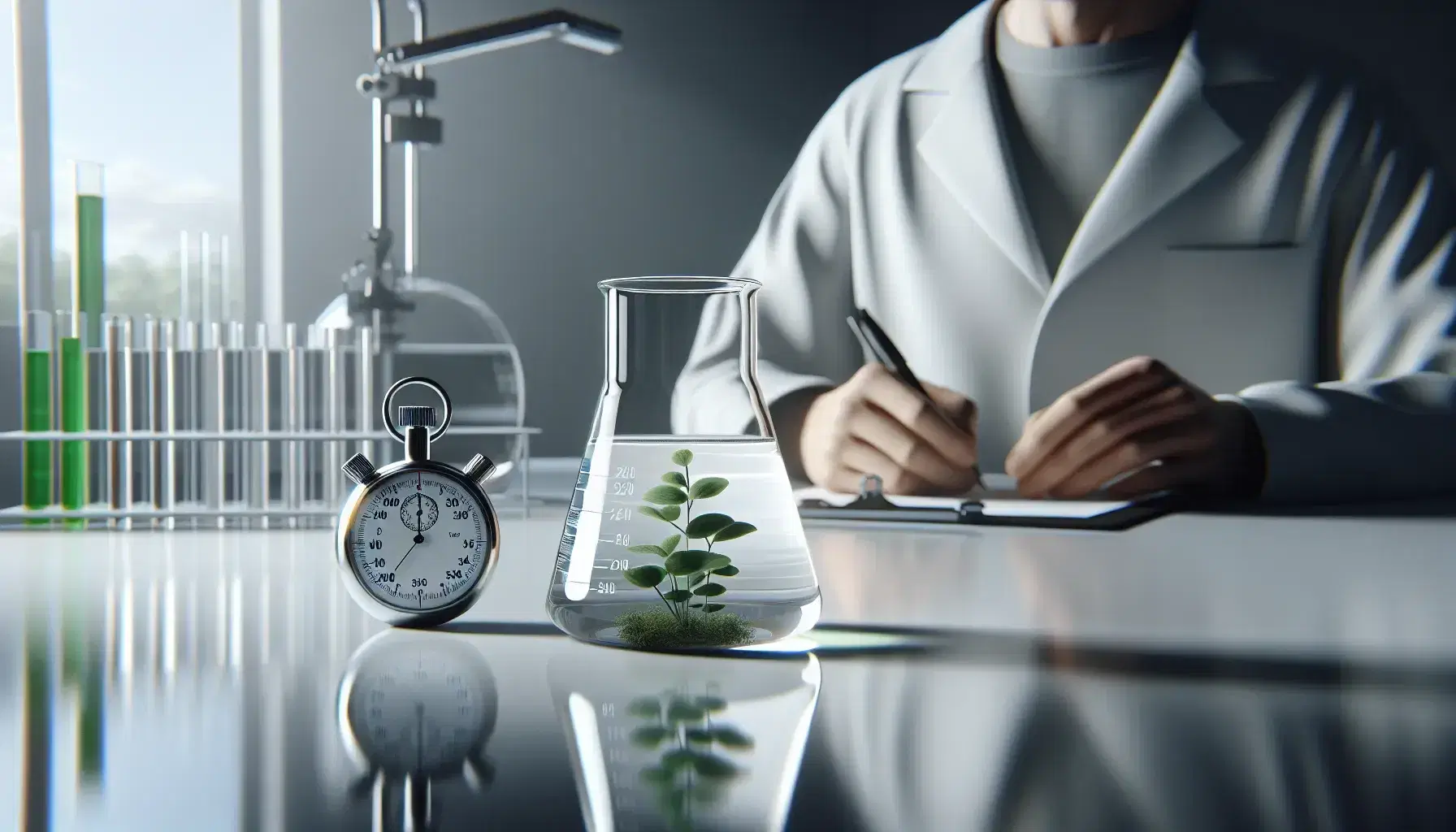 Laboratory setting with a beaker of clear liquid, a stationary stopwatch, a focused scientist with a clipboard, and a small green potted plant.