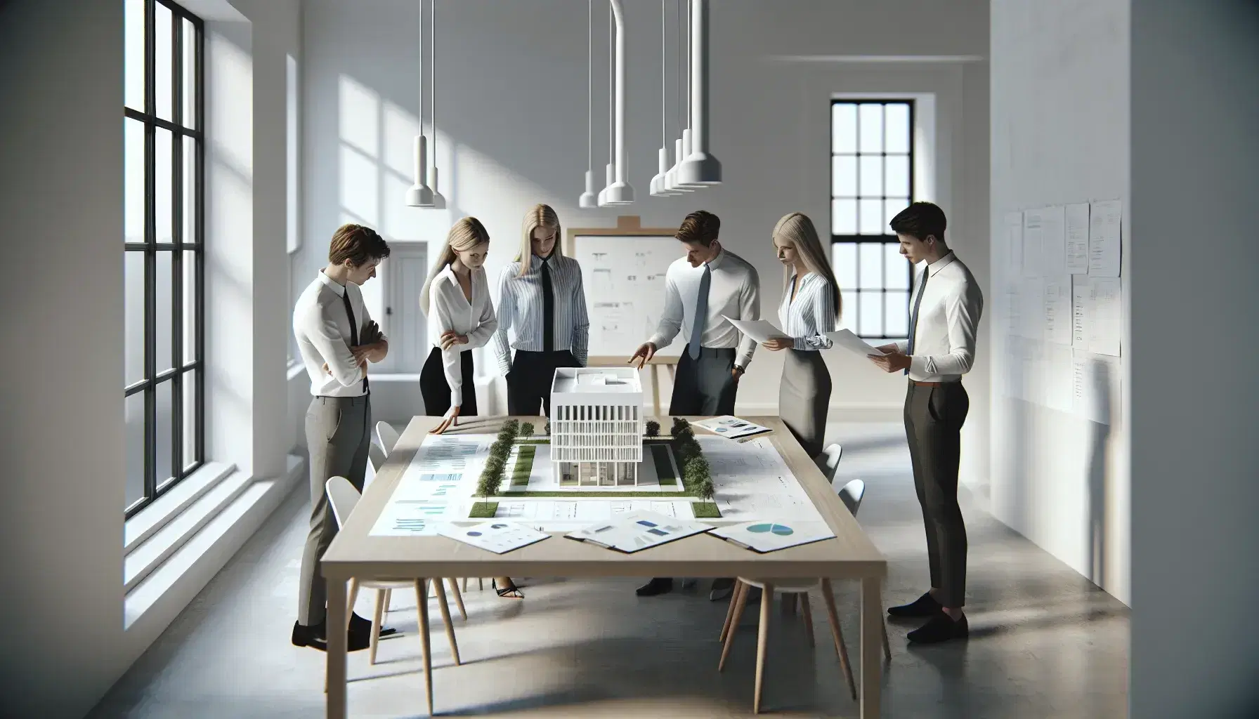 Grupo de cinco profesionales en reunión de trabajo alrededor de una maqueta de edificio, discutiendo planes en una oficina iluminada.