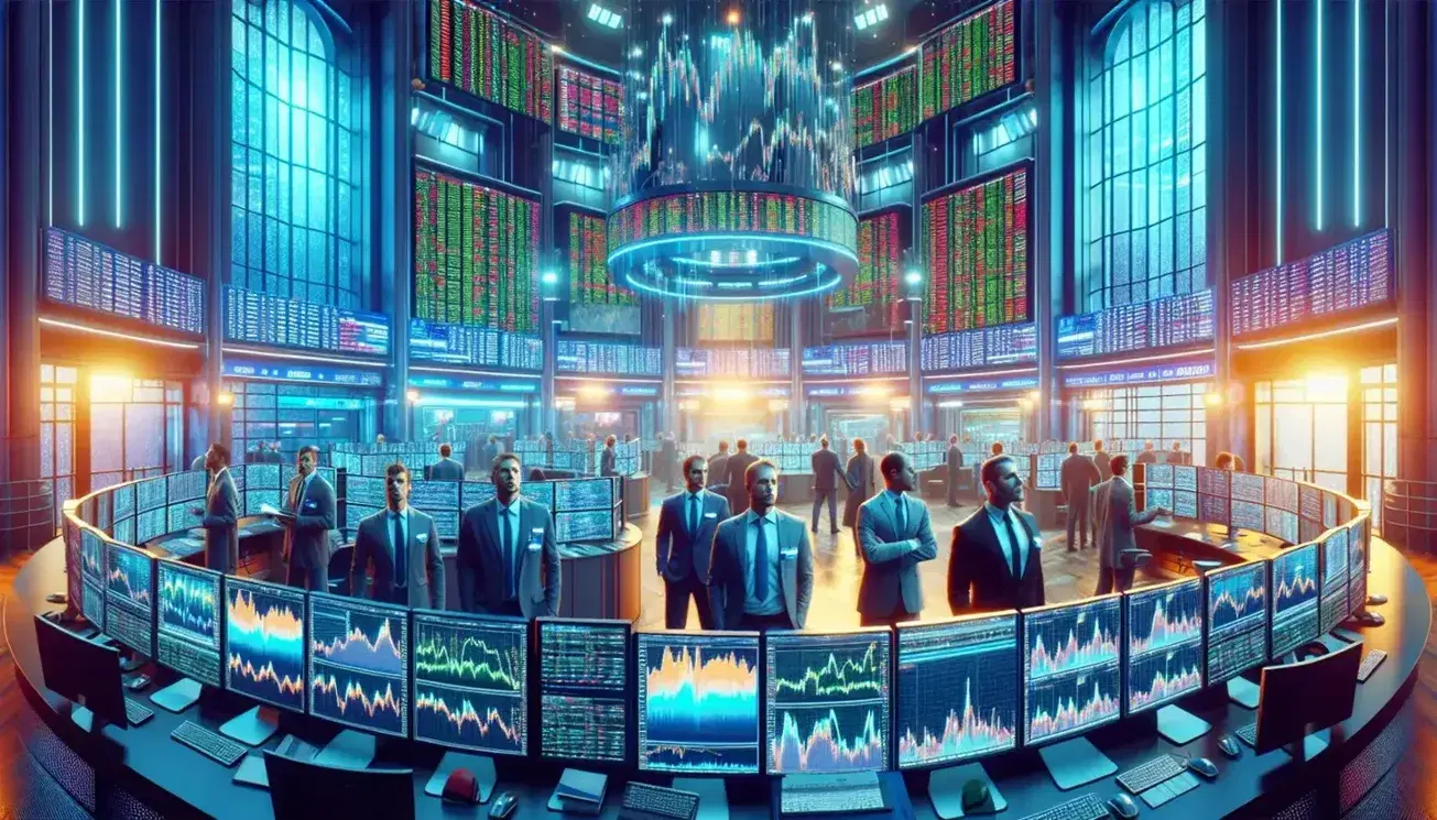 Gruppo di trader in borsa concentrati su schermi con grafici, in ambiente moderno con illuminazione artificiale.