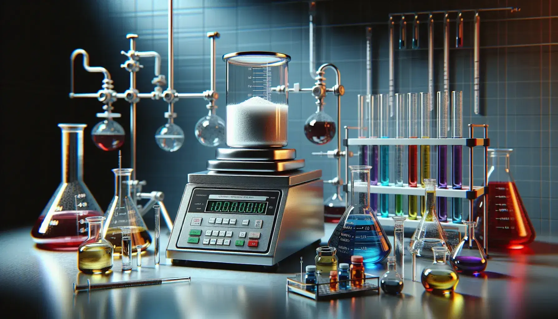 Banco laboratorio scientifico con bilancia analitica digitale, contenitore con polvere bianca, becher con liquidi colorati e provette in supporto.