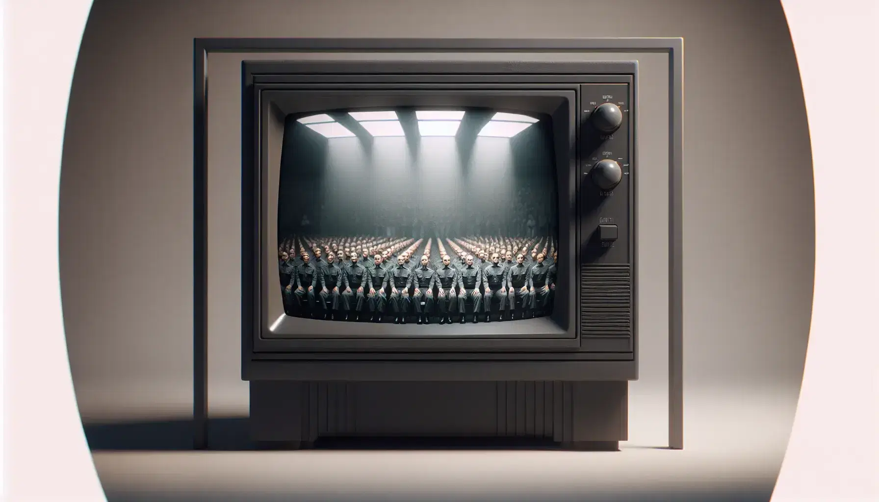 Televisione anni '80 con schermo che mostra folla in tuta grigia davanti a TV, espressioni neutre, in ambiente sfocato.