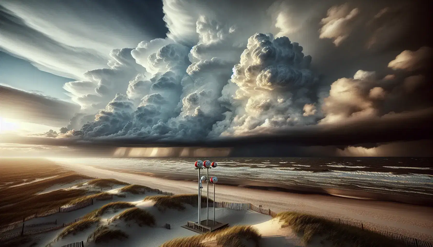Cielo tempestoso con cumulonimbus imponenti sopra mare agitato, spiaggia deserta e anemometro a tre tazze in primo piano.