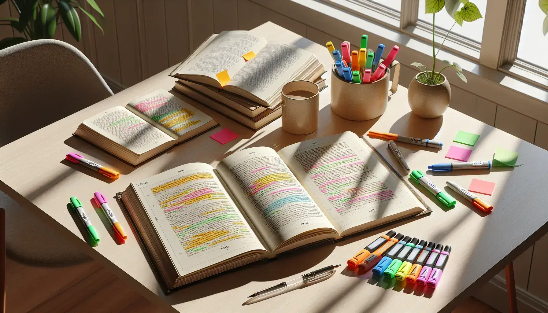 Escritorio de estudio de madera iluminado por luz natural con libros abiertos, post-its coloridos, resaltadores, cuaderno con notas y una taza junto a una planta en maceta.