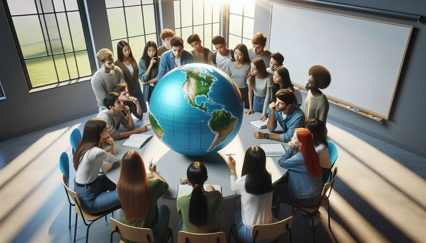 Estudiantes diversos observan y discuten sobre un globo terráqueo en una mesa redonda bajo luz natural, reflejando aprendizaje colaborativo y exploración geográfica.