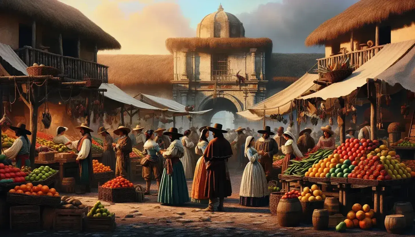 Escena de mercado colonial en la época del Virreinato de Nueva España con personas en vestimenta de la era, puestos de frutas y vegetales, y una iglesia al fondo.