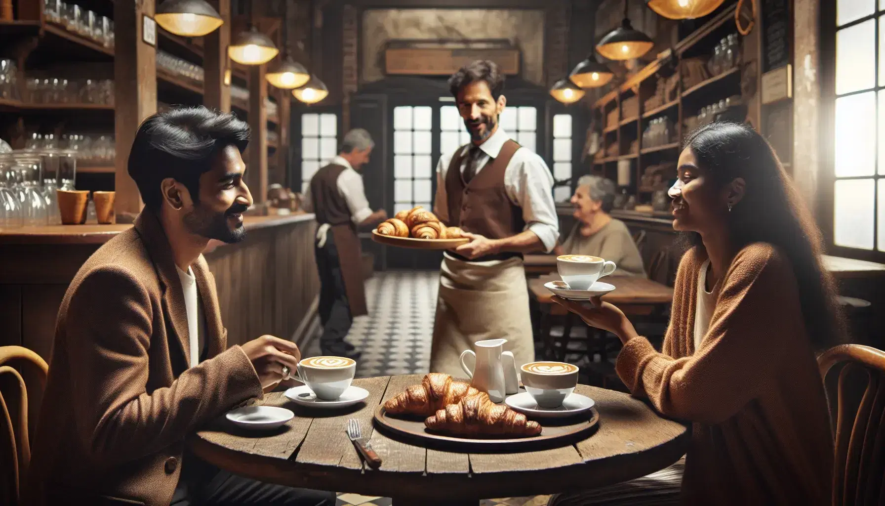 Diverse patrons chat in a cozy café with warm lighting, wooden tables set with coffee and croissants, and a waiter carrying drinks.