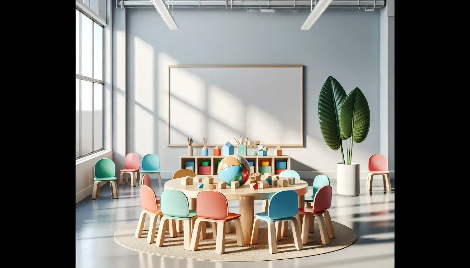 Aula escolar colorida con mesa redonda de madera y sillas plásticas multicolores, bloques educativos, formas geométricas y plantas, bajo luz natural.