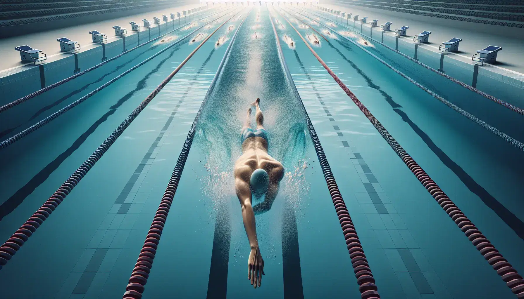 Nadador realizando estilo libre en piscina olímpica con marcadores flotantes de colores y bloques de salida, en un entorno iluminado y tranquilo.