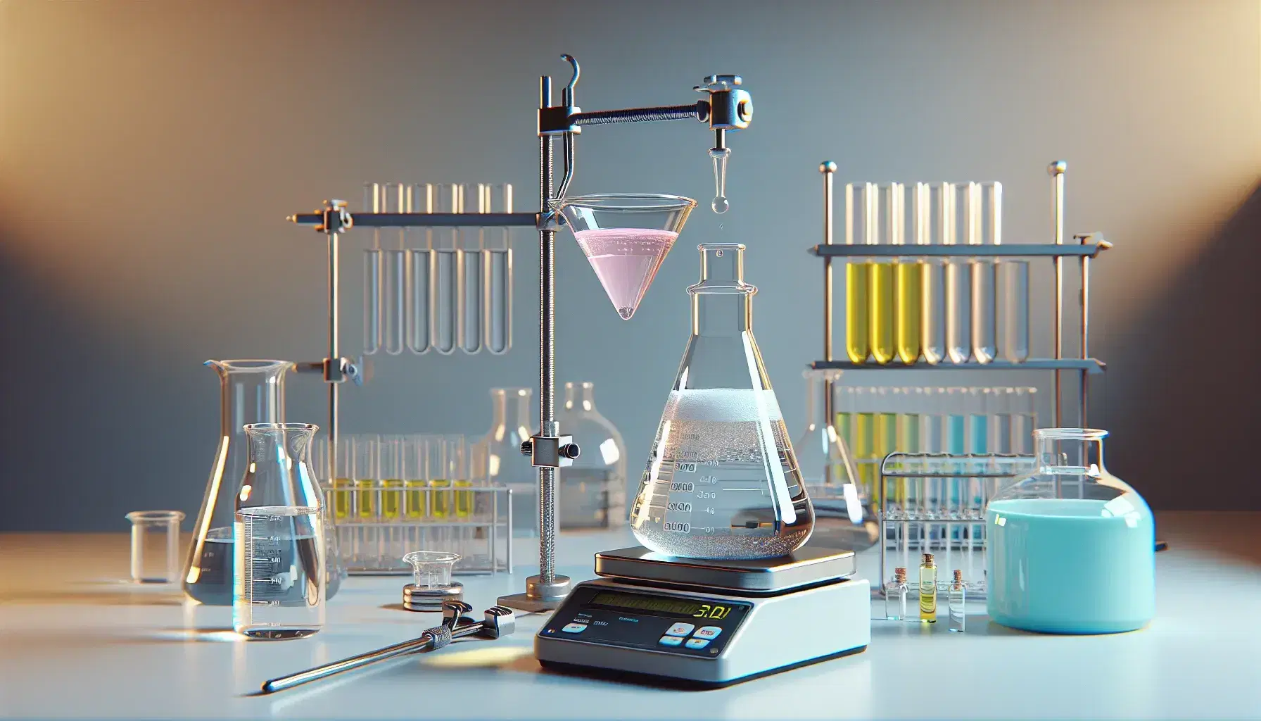 Banco laboratorio chimico con supporto metallico e fiasco Erlenmeyer, imbuto separatore con liquido rosa, cilindro graduato con liquido blu e bilancia analitica.