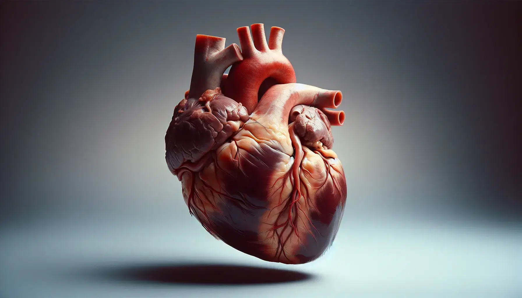 Cuore umano post-mortem con arterie visibili su sfondo neutro, evidenziando la struttura tridimensionale e la complessità dei tessuti.