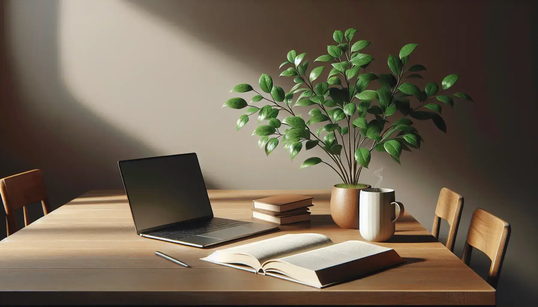 Wooden desk with modern laptop, green plant in terracotta pot, open book without text and white cup with steaming drink.
