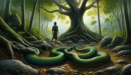 Serpente multicolore in posa attenta in una foresta lussureggiante con uomo in abiti neutri che osserva, grande albero e luce solare filtrata.