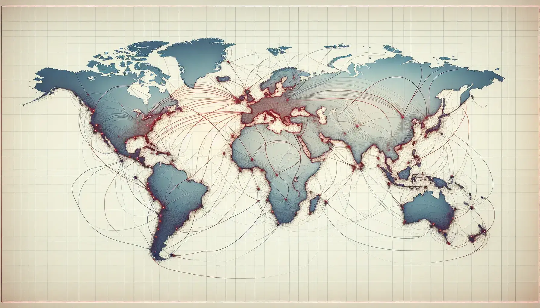 Mappa stilizzata del mondo in tonalità di blu con linee rosse curve che rappresentano connessioni intercontinentali senza testi o simboli.