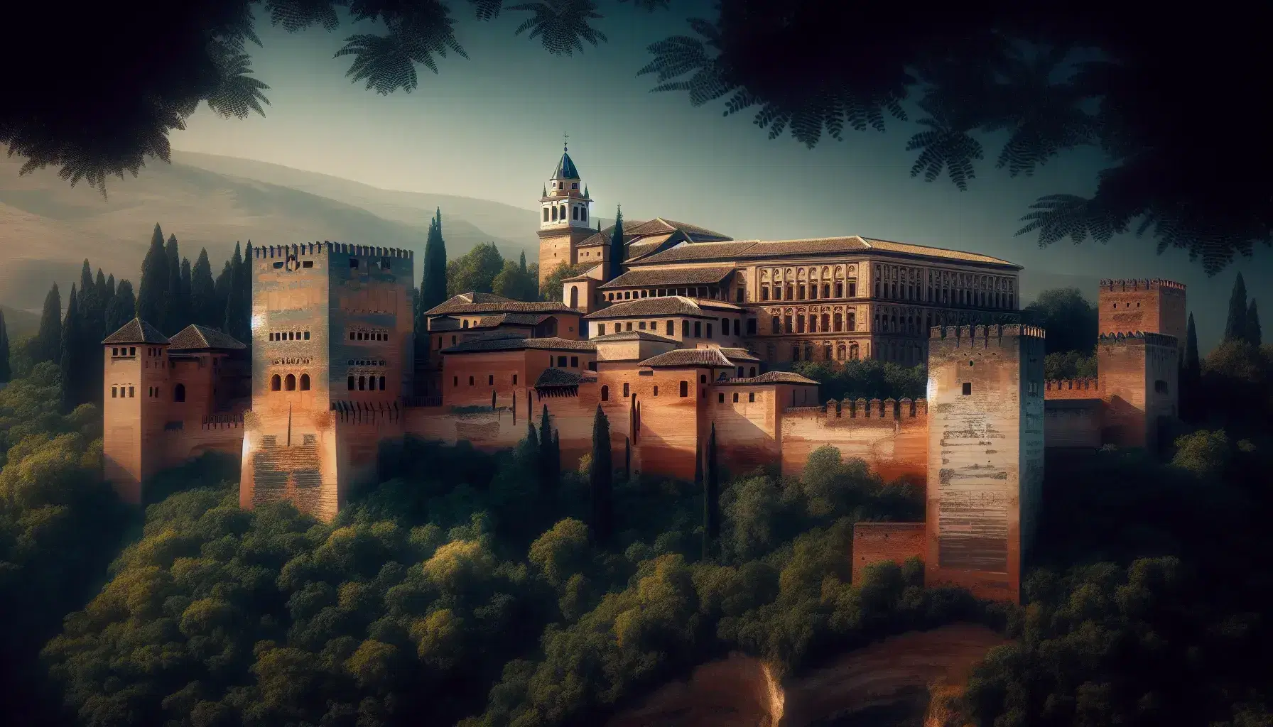 Alhambra palace and fortress complex with prominent Torre de la Vela, surrounded by lush greenery under a clear blue sky in Granada, Spain.