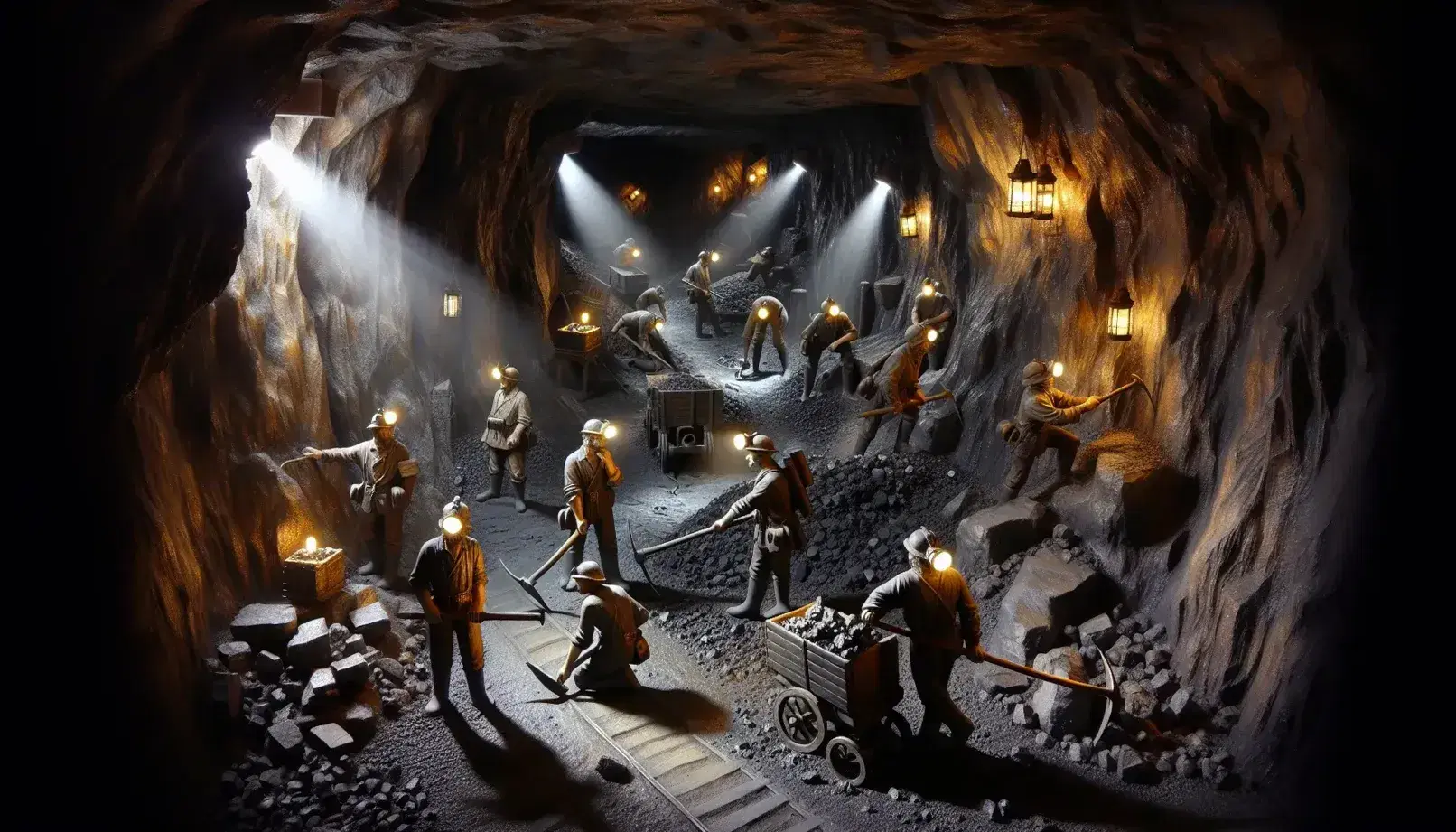 Minatori con elmetti e lampade frontali lavorano in una miniera sotterranea illuminata da lanterne, scavando e trasportando minerali.