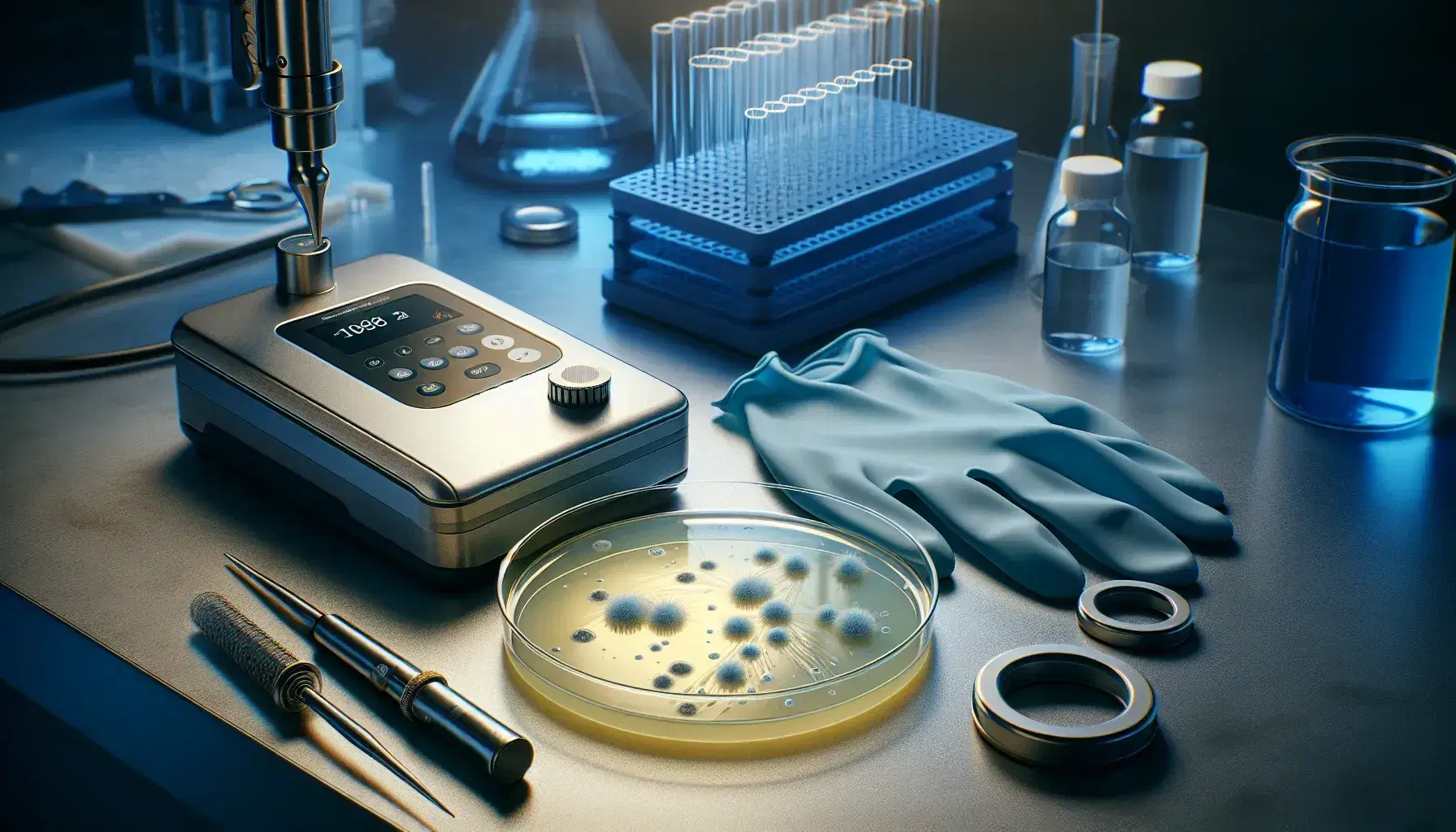 Laboratory workbench with petri dish showing bacterial colonies, inoculating loop on silicone mat, digital micro-pipettor, latex gloves, and a centrifuge with test tube rack.