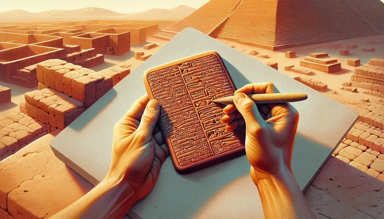 Tavoletta d'argilla con incisioni cuneiformi, mano con stilo di canna su sfondo di ziggurat mesopotamico al tramonto.