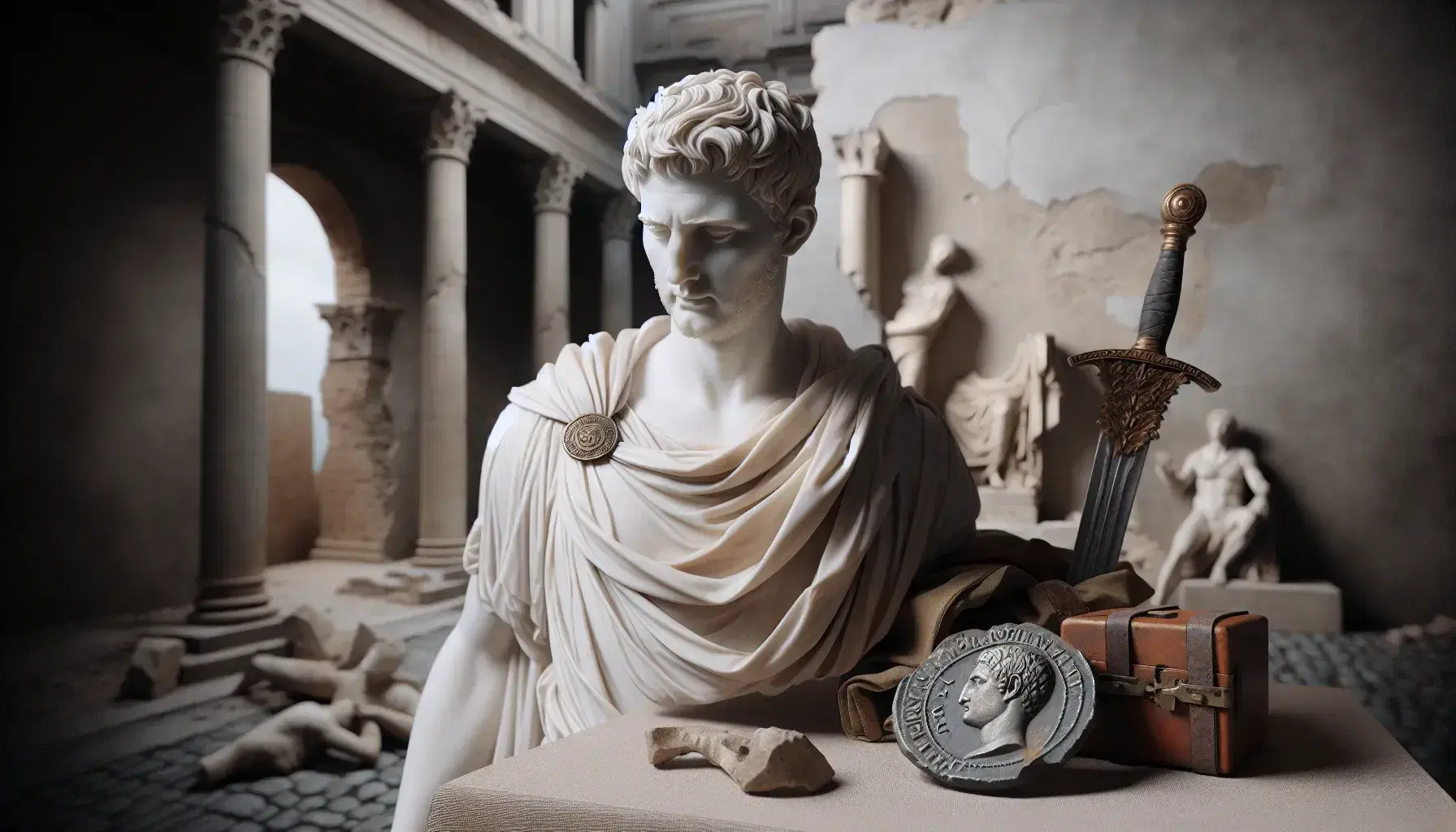 Statua in marmo di figura storica romana con toga, spalla destra scoperta, moneta antica e spada con fodero su sfondo di rovine.