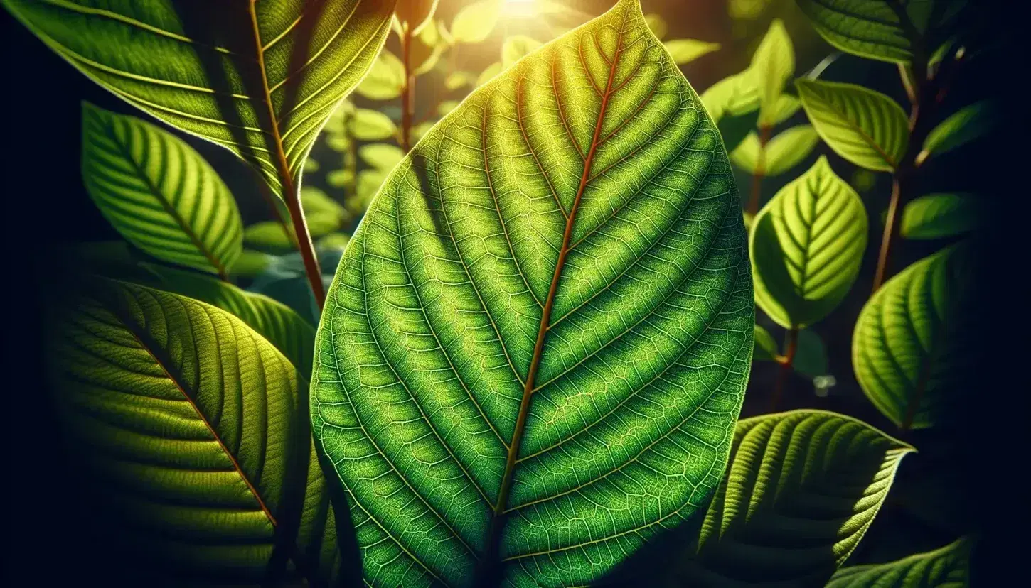 Hoja verde vibrante en primer plano con textura detallada, venas visibles y células, iluminada por el sol con fondo desenfocado de follaje natural.