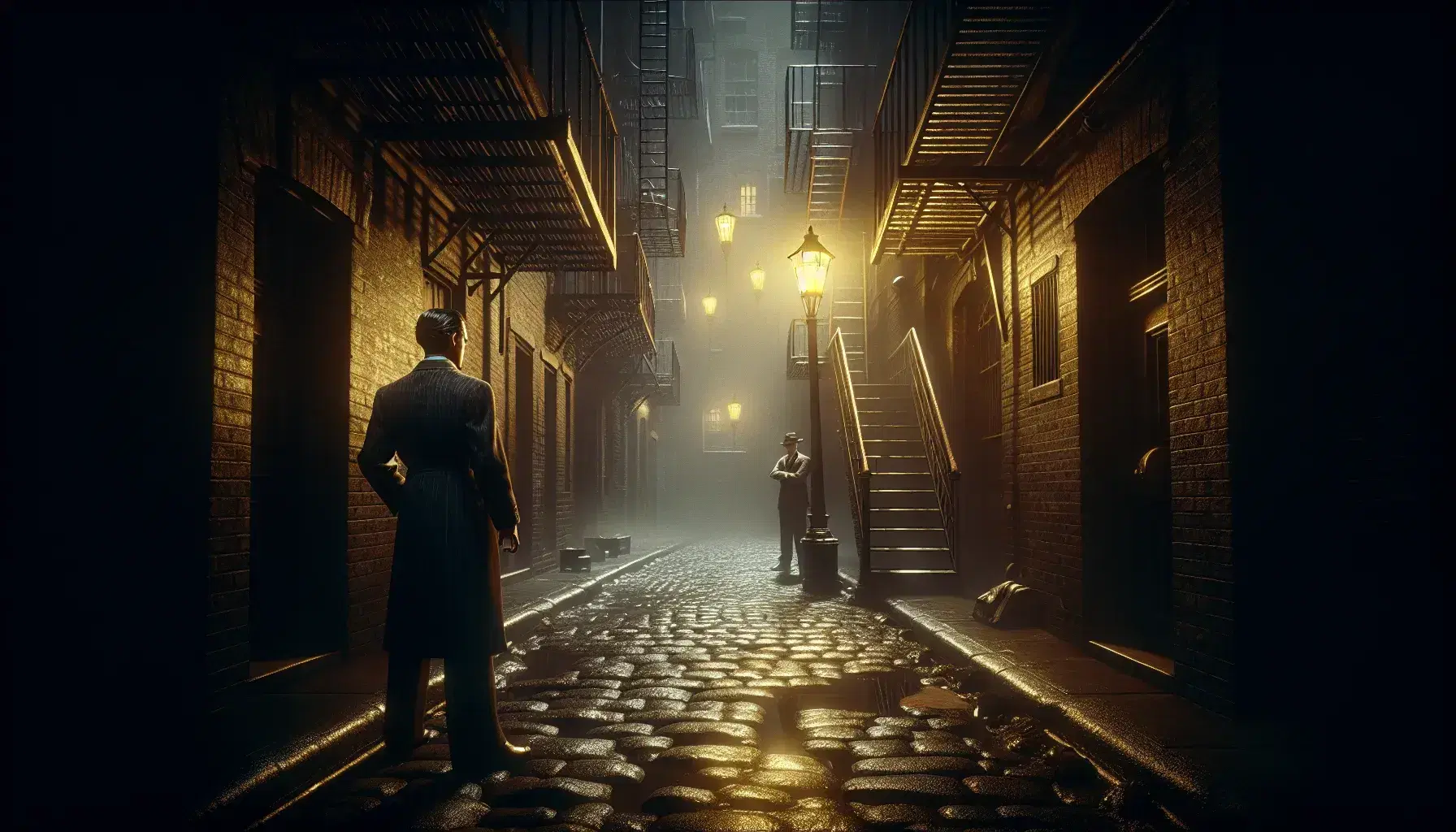 Dimly lit alleyway with cobbled stones, a man in a 1930s suit looks over his shoulder, and a woman in a light dress walks towards a vintage street lamp.