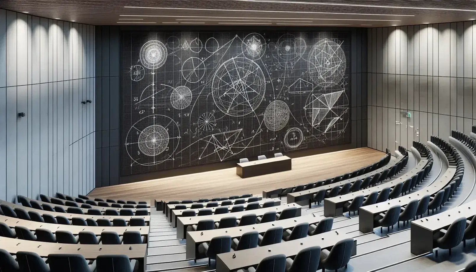 Modern lecture hall with tiered blue seating, a large black chalkboard adorned with geometric chalk shapes, and floor-to-ceiling windows overlooking a green campus.
