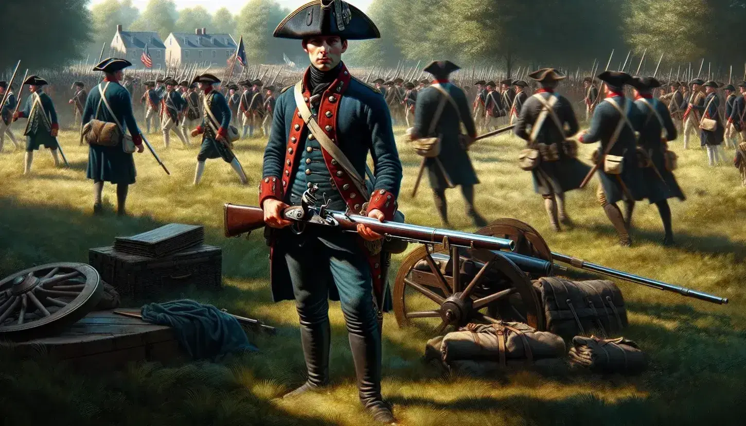 Soldato in uniforme dell'epoca della Guerra d'Indipendenza americana con fucile e baionetta, altri militari e cannone sullo sfondo in un parco.
