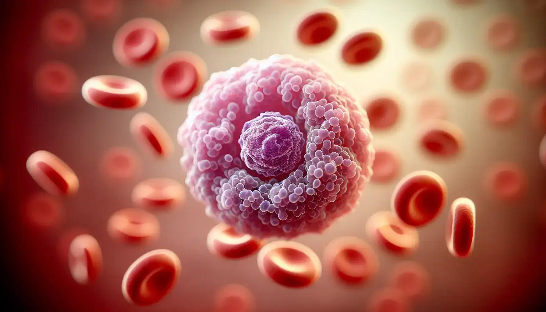 Human neutrophil magnified under the microscope with purple lobed nucleus, pink cytoplasm and fine granules, surrounded by red blood cells in gradient background.