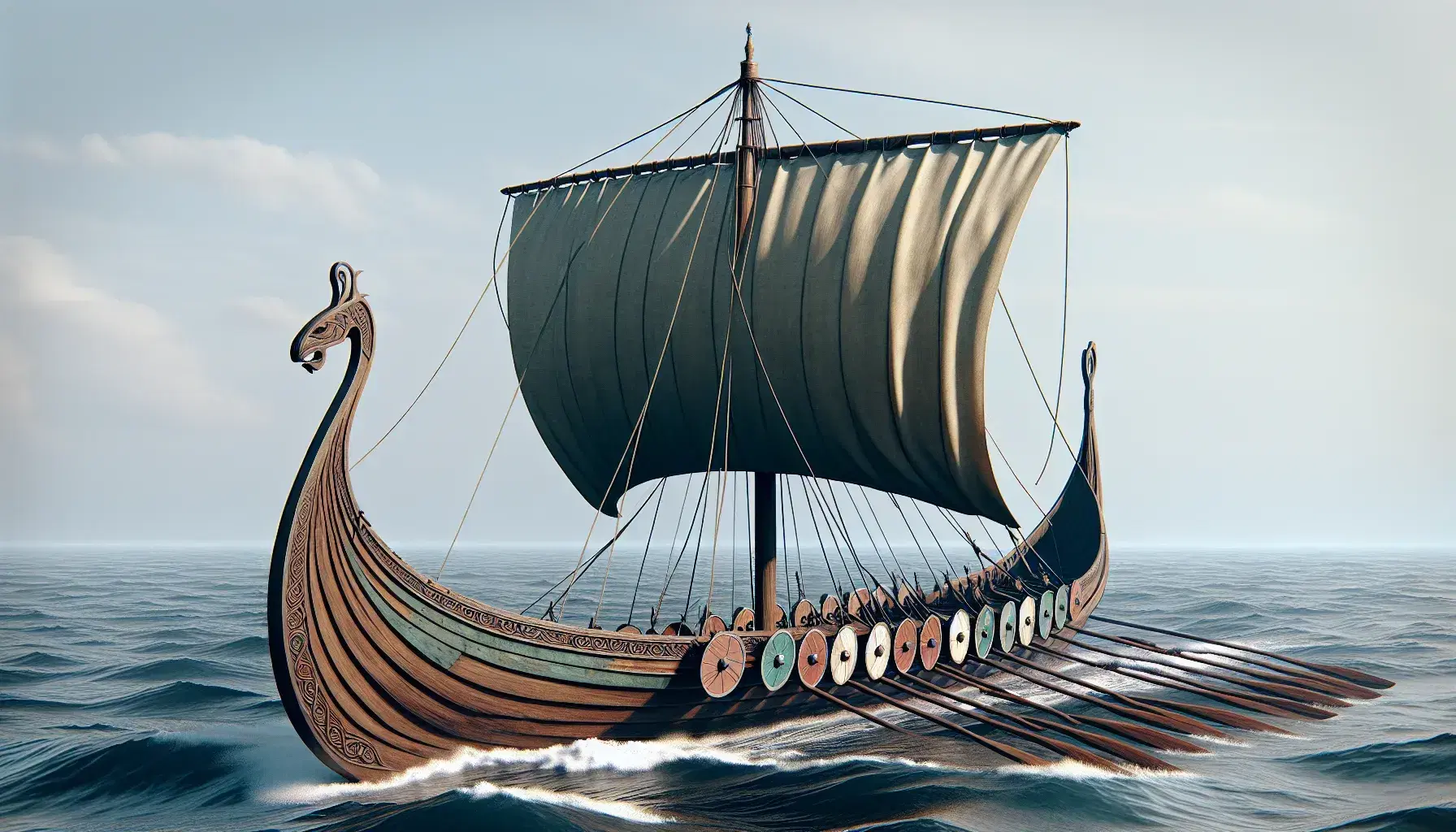 Traditional Viking longship at sea with a dragon head prow, lined with colorful shields, a single white sail, and oars, against a blue sky and distant coastline.