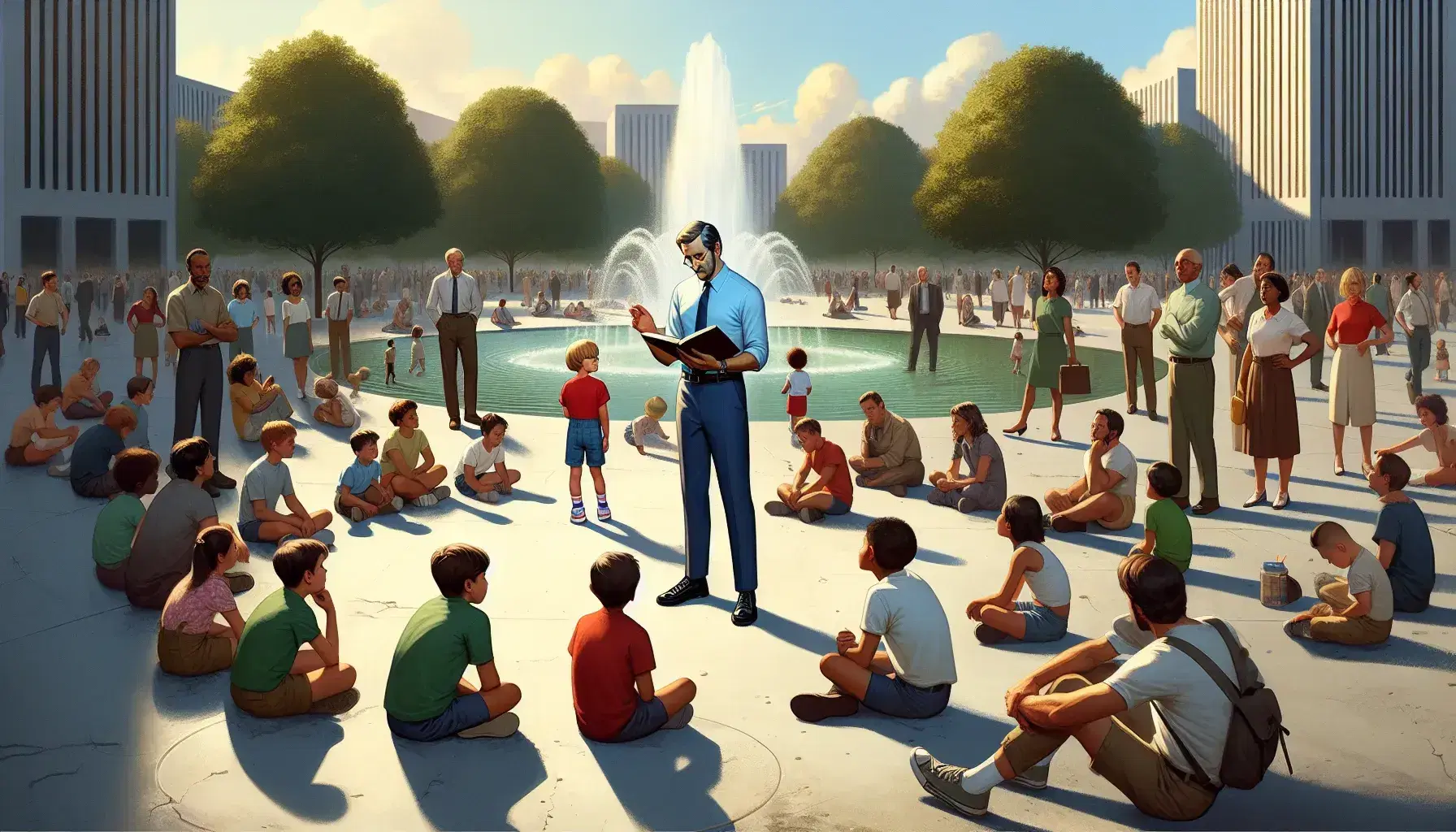 Hombre leyendo un libro en parque urbano a un grupo diverso de personas sentadas y de pie, con una fuente y árboles al fondo en día soleado.